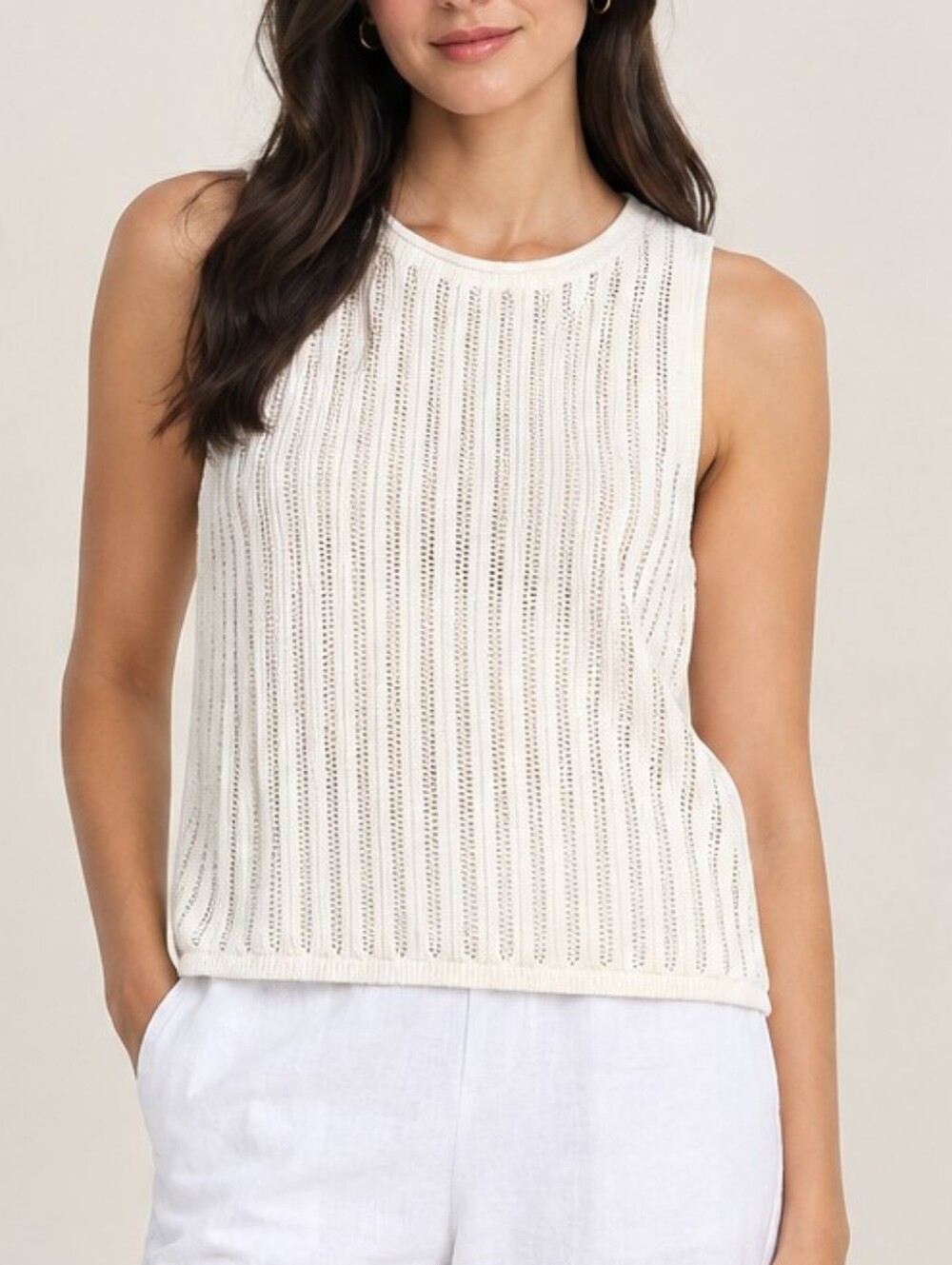 Alice + Olivia Linen/Cotton Cream Sleeveless Knit Tank with Eyelet Detail Size L